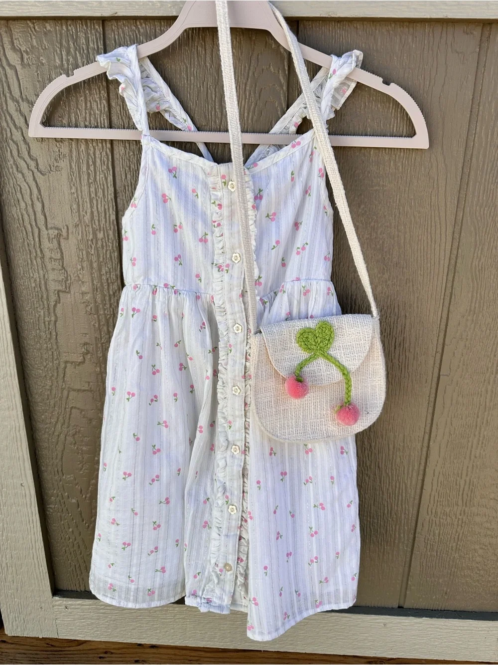 Girls White Floral Summer Dress with Pink Cherry Print and Crossbody Purse EUC